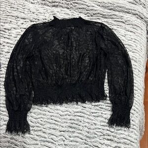 Sheer Black Lace Smocked Waist Blouse